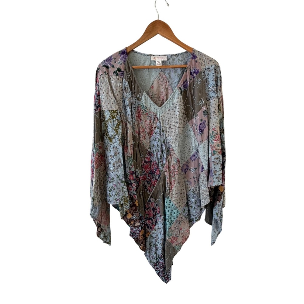 Blue Sky Patchwork Embroidered Kimono Cape Womens OS Multicolor Boho Festival